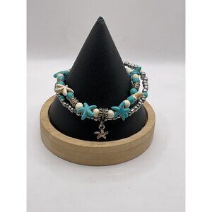 Starfish Charm Turquoise & White Beaded Bracelet Adjustable Chain